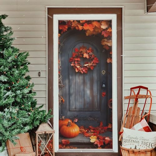Thanksgiving Wood Door Cover - Stretch Fabric Porch Decoration 35x79 In - Holiday Door Cover