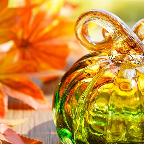 QFkris 5 Inch Hand Blown Glass Pumpkin Figurine - Olive Green Fall Decor