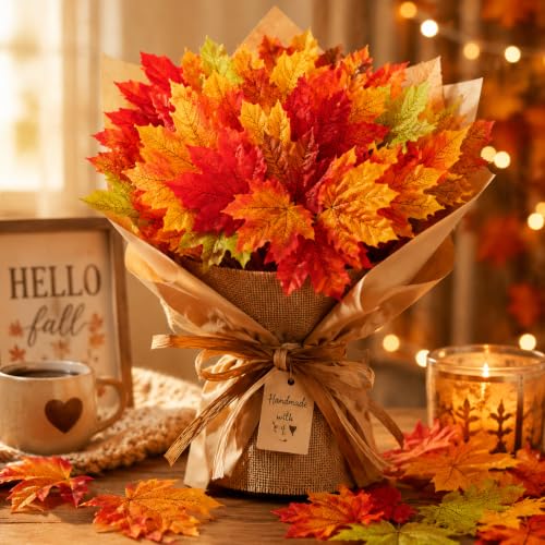 400 Pcs Fake Fall Leaves - Autumn Foliage Decorations for Fall & Thanksgiving - Red