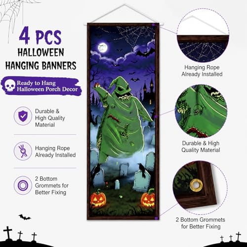 Halloween Decorations Set - 4 Retro Holiday Porch Banners for Doorway & Wall Decor