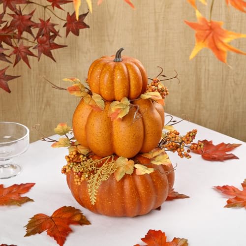 Artificial Pumpkin Fall Décor - Autumn Table Centerpiece with Faux Berries & Maple Leaves - Color #5