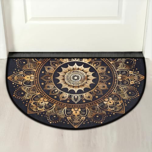 Half Moon Door Mat Mandala Boho Bohemian Black Non Slip Washable 36x24in - A3