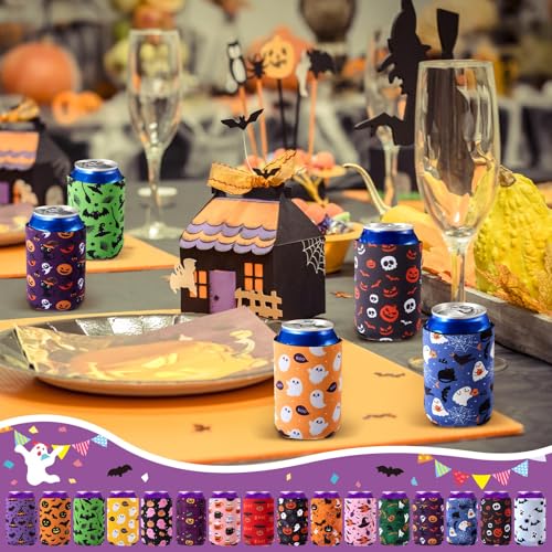 Halloween Beer Can Cooler Sleeves - 16 Styles Reusable Neoprene Drink Sleeves for 12 oz Cans - Halloween Classic Variation
