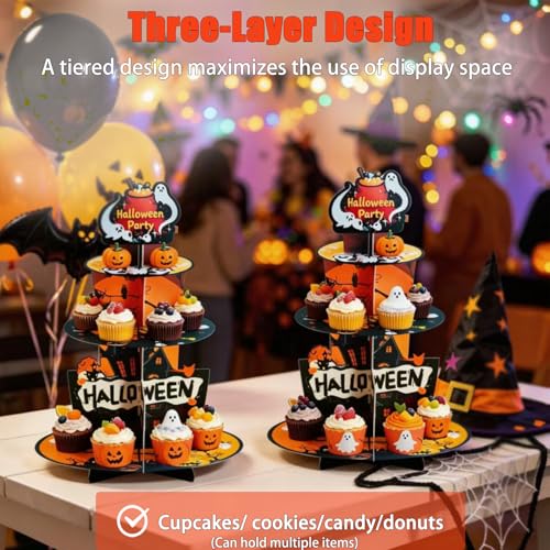 Halloween 3-Tier Paper Cupcake Stand - Multicolor Spooky Dessert Display Rack, 17 Inch