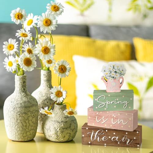 Daisy Farmhouse Spring Tiered Tray Decorations - 4 Wooden Sign Blocks - Daisy Variation