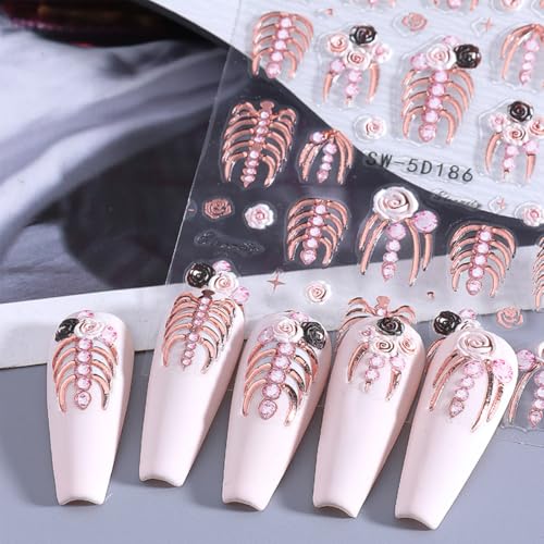 Halloween Nail Stickers Kit - 3 Sheets Embossed Skull & Skeleton Design - Variation 5D Embossed Skull Skeleton-17