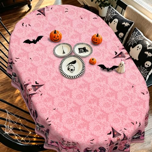 Elegant Pink Halloween Oval Tablecloth 60 x 102 Inch for Parties & Dining - Ghost Pumpkin Web Design