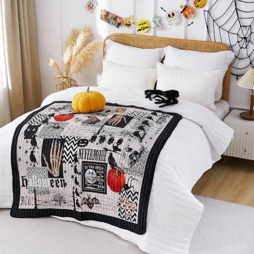 Grey Halloween Throw Blanket 50x60 Pumpkin Spider Ghost Pattern Soft Quilt