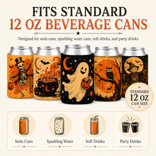 Halloween Can Cooler Sleeves Set - Vintage Skeleton, Ghost & Spooky Designs (DD)