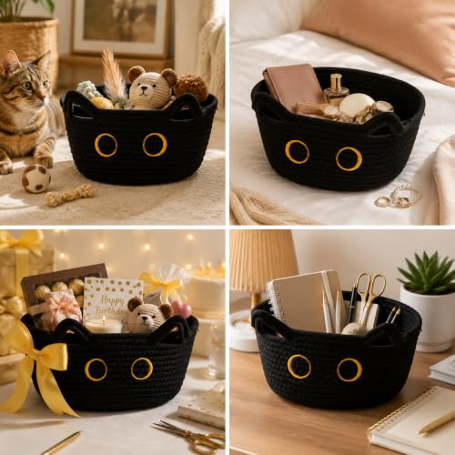 Black Cat Cotton Rope Storage Basket - Small, Cute, Foldable Organizer