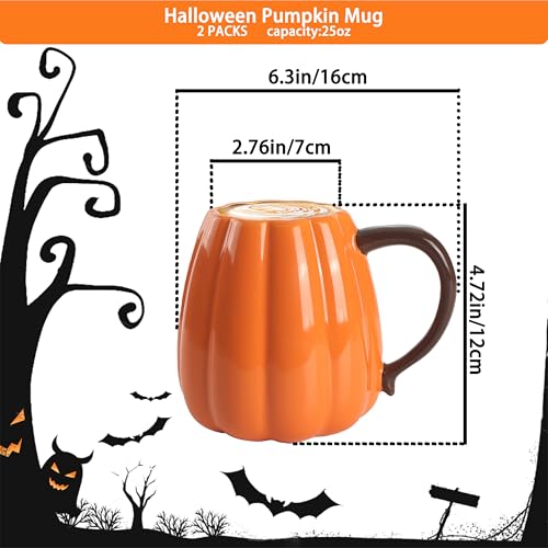 Halloween Pumpkin Mug Set of 2 - 750ml Large Ceramic Pumpkin Cups for Fall & Halloween