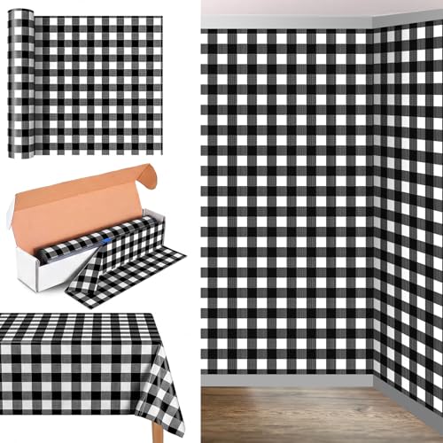 Black Gingham Disposable Tablecloth Roll - 54 x 100 ft with Cutter for Parties