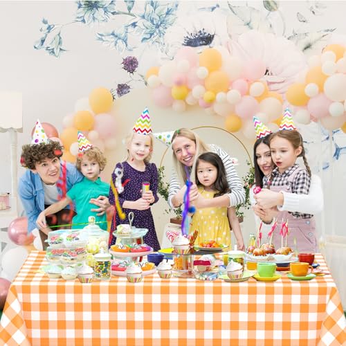 Orange and White Gingham Waterproof Disposable Tablecloths - 6 Pack, 54x108 Inches, Party, Picnic, Wedding