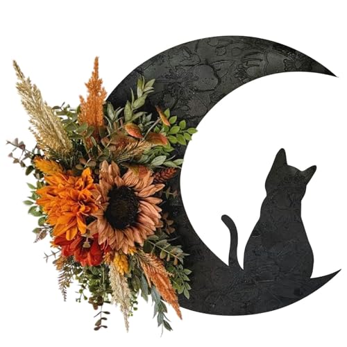 Halloween Wreath with Cat Moon and Sunflower - Fall Door Hanger Decor