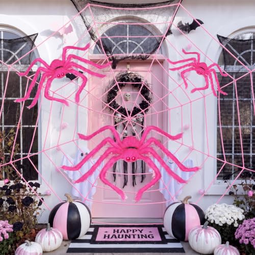 Pink Halloween Outdoor Decor Set with 3 Plush Spiders and 12ft Web