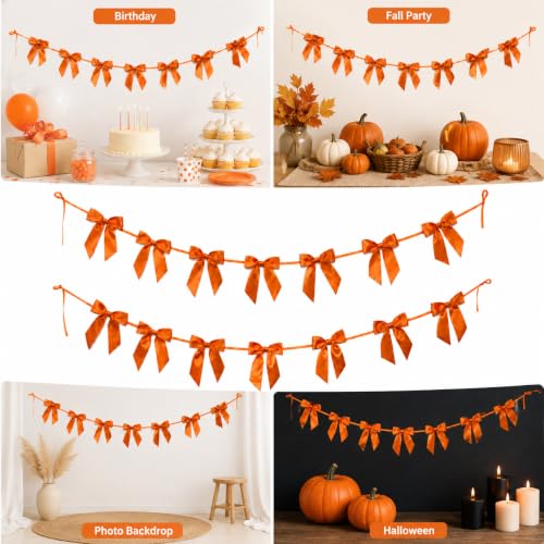 Orange Satin Bow Garland for Halloween Party & Seasonal Decorations - 2 Pack