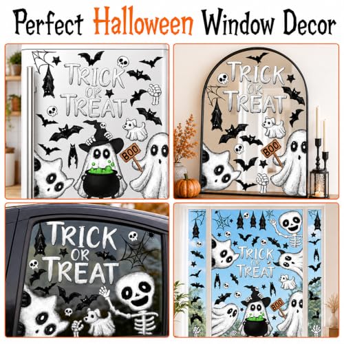Halloween Window Clings Stickers - Ghosts Skeleton Bats Spider Webs - Black & White - 6 Sheets