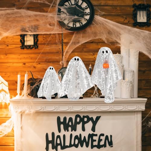 Halloween Ghost Table Decor Set - Silver Disco Wooden Ghosts with Pumpkin - 3 Pieces
