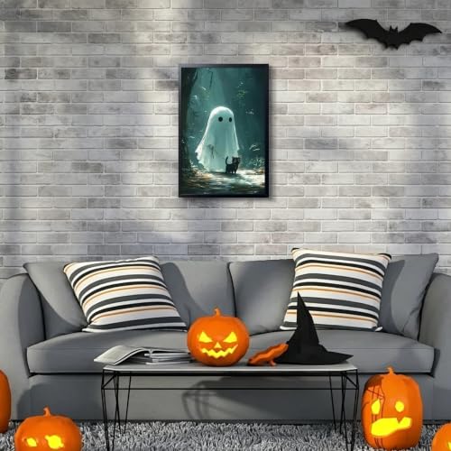 A-Little Devil Walking The Cat Framed Halloween Wall Art - 16x24 Inch