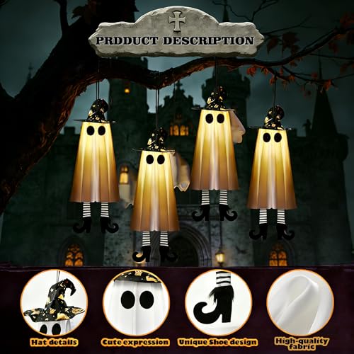 Halloween Ghost Decorations Set with Lighted Hanging Witches Hats - Outdoor Indoor Spooky Yard Decor