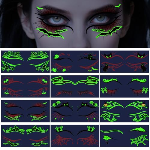 Halloween Luminous Eye Tattoo - 12 Pc Spooky Lash & Face Makeup Designs