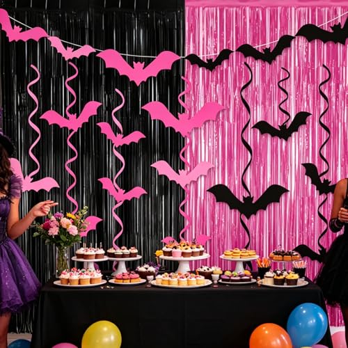Pink Halloween Party Decorations with Fringe Curtains and Bat Design - Pink & Black Variation