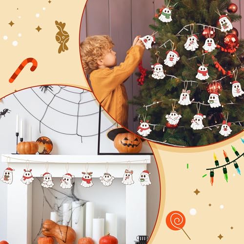 Ghost Halloween Christmas Wooden Ornament Set - Spooky Ghost Decorations, 45 Pieces, Festive Hanging Decor, Variation: Ghost