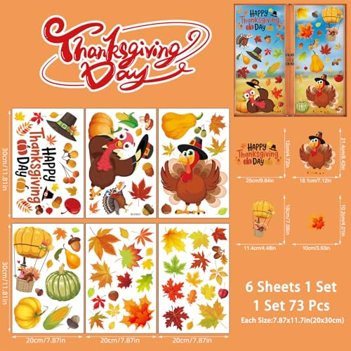 Thanksgiving Window Clings - Fall Decor Set with Turkey, Leaves & Pumpkins - 6 Sheets, 73 Pieces - Thanksgiving Window Stickers for Home & Holiday