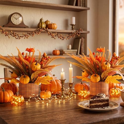 Autumn Thanksgiving Fall Decor Set with Pumpkin Berries Leaves - Orange-A