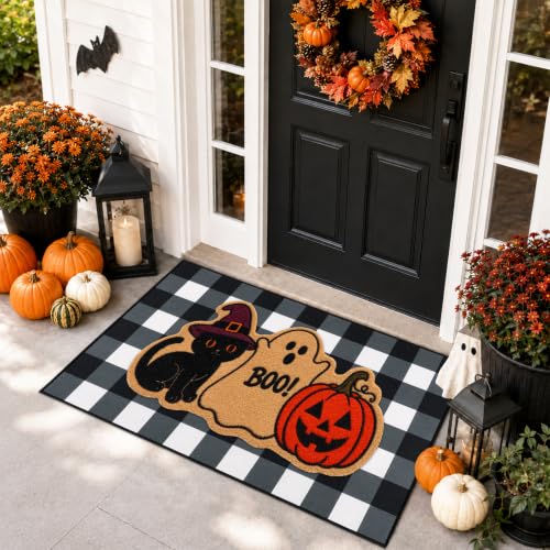 Halloween Welcome Door Mat Set - Black Cat Ghost Pumpkin, Coir & Velvet, Non-Slip, 2 Pieces - Cat Boo Variation