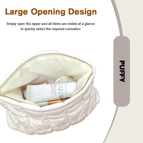 FITINI Makeup Bag Travel Large Portable Quilted Cosmetic Organizer Cute Pouch for Women Soft Puffy Zipper Waterproof Toiletry Storage Bags,Quilting Puff Rose