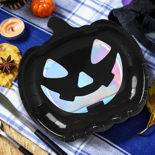 Halloween Iridescent Black Pumpkin Paper Plates 40-Pack - Spooky Party Tableware