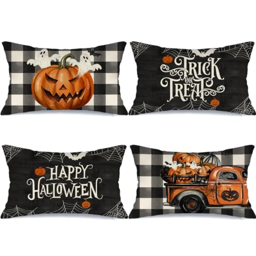 20x12 Inch Halloween Throw Pillow Covers Set of 4 Spooky Bat Spider Web Pumpkin Decor