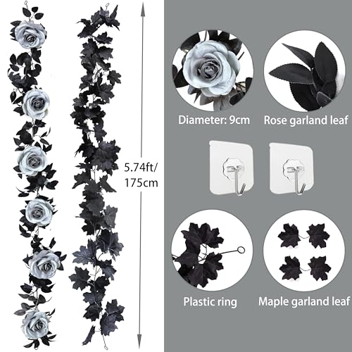 Black Rose & Maple Leaf Garland Set - Blue Gray Vines, 2 Pcs
