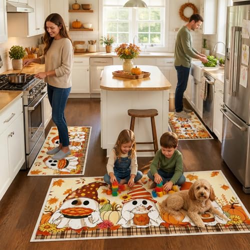 Fall Ghost Pumpkin Kitchen Mat Set of 2 Non Slip Washable Rug, Autumn Halloween Decor