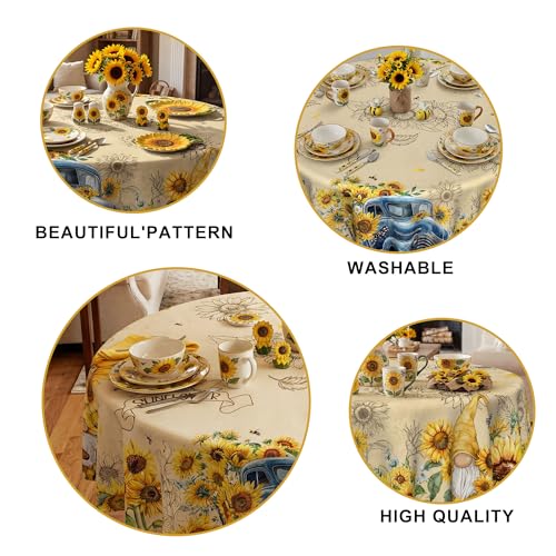 Sunflower Tablecloth 70 Inch Round - Blue Truck and Gnome Design, Washable Summer Decor