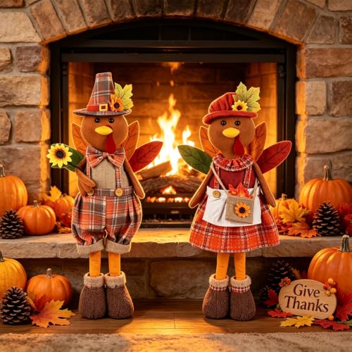 2 Pack Standing Thanksgiving Turkey Couple Figurines with Adjustable Legs - Fall Decor