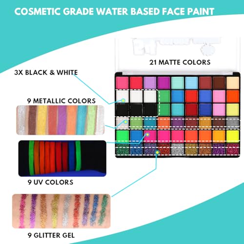 Water-Based Face Paint Kit with 54 Colors & Accessories for Kids & Adults