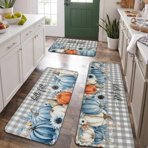 Fall Blue Pumpkin Kitchen Rugs Runner Set of 3 - 1.5x2.5 ft, Non-Slip Fall Decor