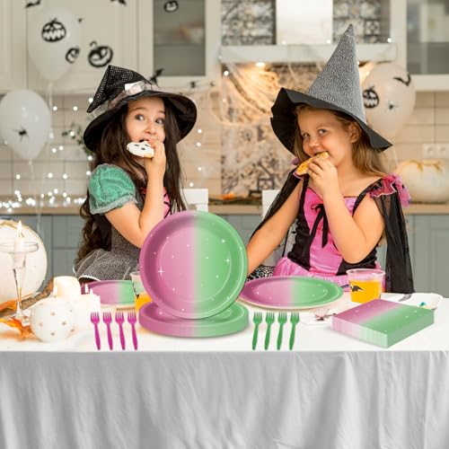 Witch Party Tableware Set - Pink & Green Plates Napkins Forks for 24 Guests - Halloween & Birthday Decorations