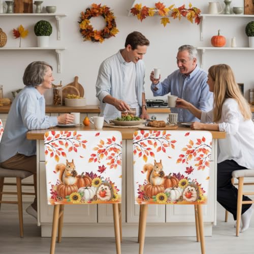 Fall Chair Back Covers Set - 4pcs Autumn Thanksgiving Slipcovers in White & Orange