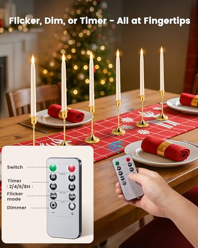10.5 Inch Flameless Ivory Taper Candles with Remote & Timer - Warm White 3000K - 6 Pack