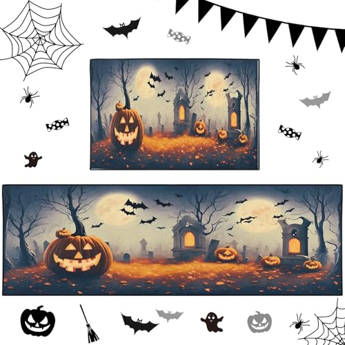 Halloween Pumpkin Kitchen Rugs Set of 2 Non Slip Washable ArtSocket - Variation 04