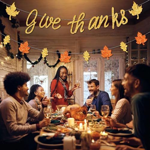 Thanksgiving Banner Set with Glitter 'Give Thanks' & Fall Leaf Garland - DIY Party Decorations