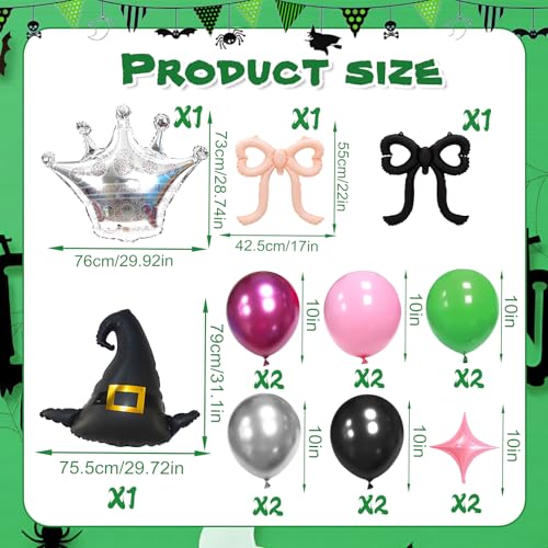 Witch Birthday Balloon Kit - Pink & Green Foil Balloons Crown Hat Bows - Variation 3