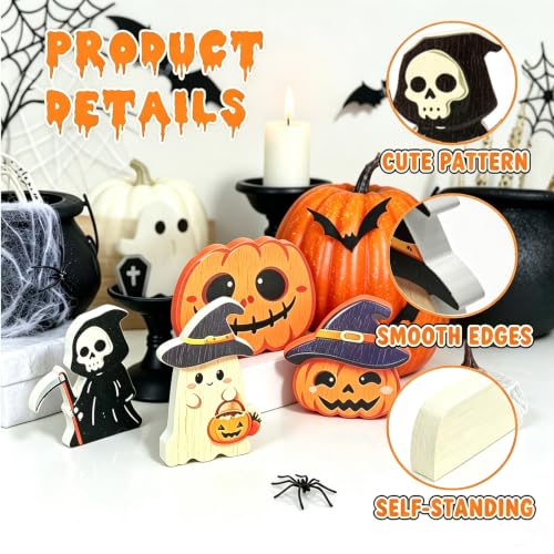 Halloween Wooden Decorations Set - Ghost Pumpkin Witch - 4 pcs, Indoor Festive Decor - Pumpkin Variation