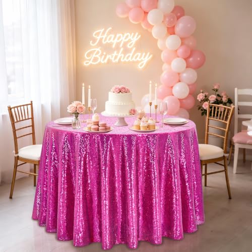 Fuchsia Round Sequin Tablecloth - 132 Inch Glitter Cover for Wedding & Party