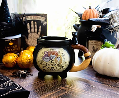 Hocus Pocus Sisters Potion Label Mug - 20oz Ceramic 3D Sculpted Cauldron with Broom Handle - Collectible Gift