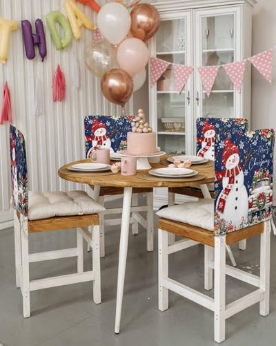 4 Pcs Navy Blue Christmas Snowman Chair Covers for Dining Room - Xmas Truck & Poinsettia Linen Protectors
