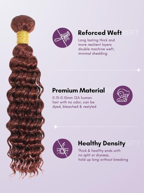 AUROO Reddish Brown Curly Human Hair, Thick Track Auburn Copper Red Colored Deep Wave Single Bundles 100% Virgin Human Hair Bundles #33b Remy Sew in 14 inch